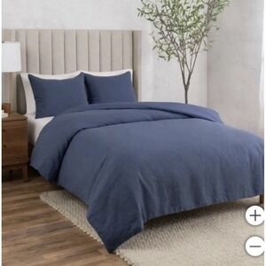 New Welhome Welspun 3pc Duvet Cover Set King Linen Cotton Blend Navy